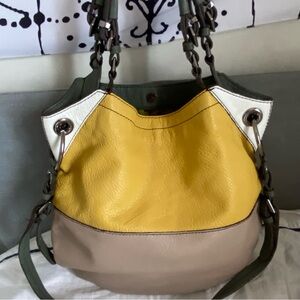 Oryany Large Colorblock Leather Mustard Yellow Beige Taupe Handbag.